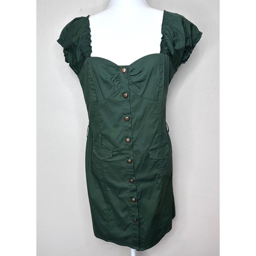 Button Front Bustier Dress Women Medium Sweetheart Square Neck Army Green